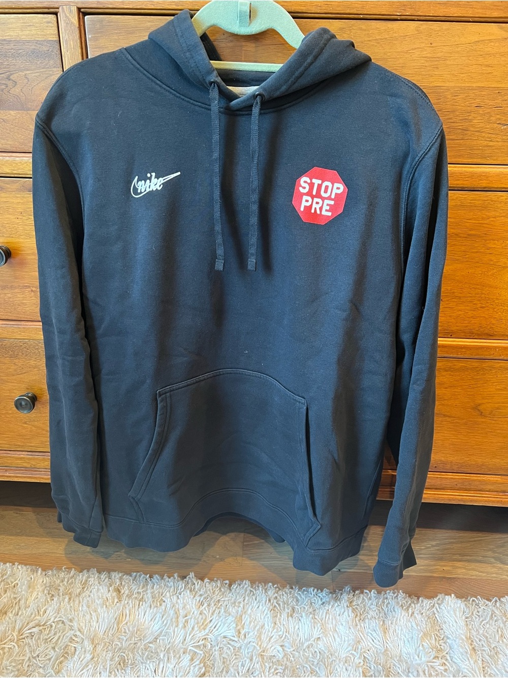 Nike Black Crewneck Hoodie with White Swoosh and Red 'STOP PRE' Patch